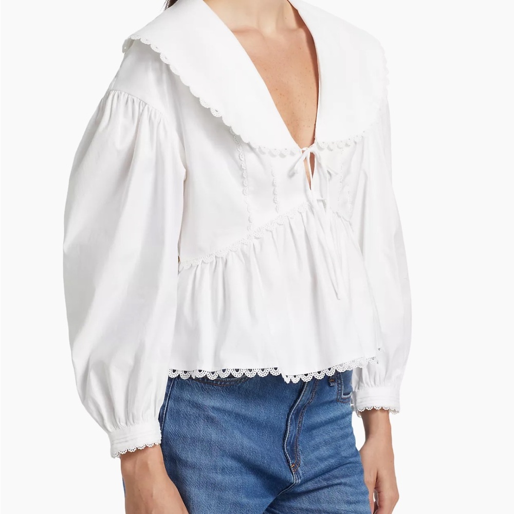 Reformation White Peplum Tie-Front Blouse with Scalloped Trim - Picture 3 of 11